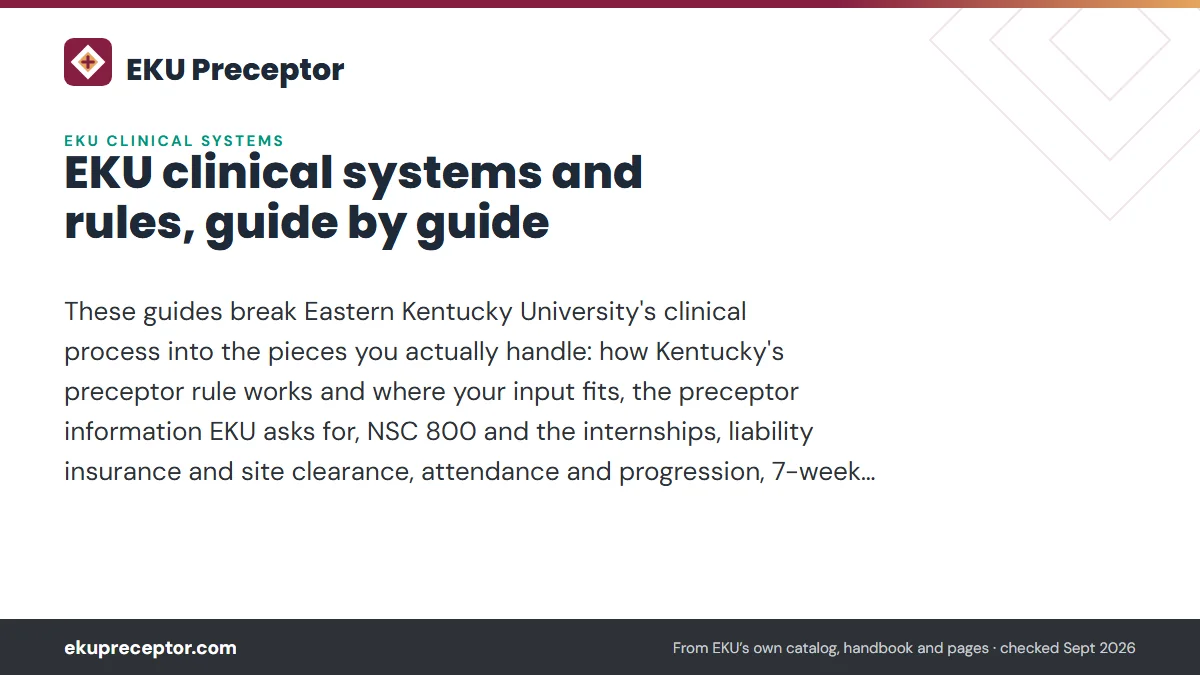 EKU clinical systems and rules, guide by guide. These guides break Eastern Kentucky University's clinical process into the pieces you actually handle: how Kentucky's preceptor rule works and where your input 