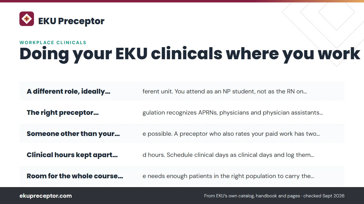 What makes a workplace site work: A different role, ideally in a different unit. You attend as; The right preceptor. Kentucky's regulation recognizes APRNs,; Someone other than your boss, where possible. A preceptor wh; Clinical hours kept apart from paid hours. Schedule clinical.